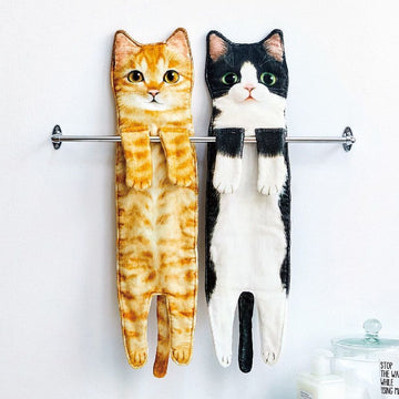 Cat-Shaped Hand Towels – Long Hanging Kitty Handkerchiefs for Bathroom & Kitchen Use