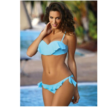 Solid Color Ruffle Tie Bikini – Women's 3-Point Swimsuit with Tether Bottom