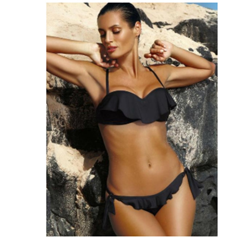 Solid Color Ruffle Tie Bikini – Women's 3-Point Swimsuit with Tether Bottom
