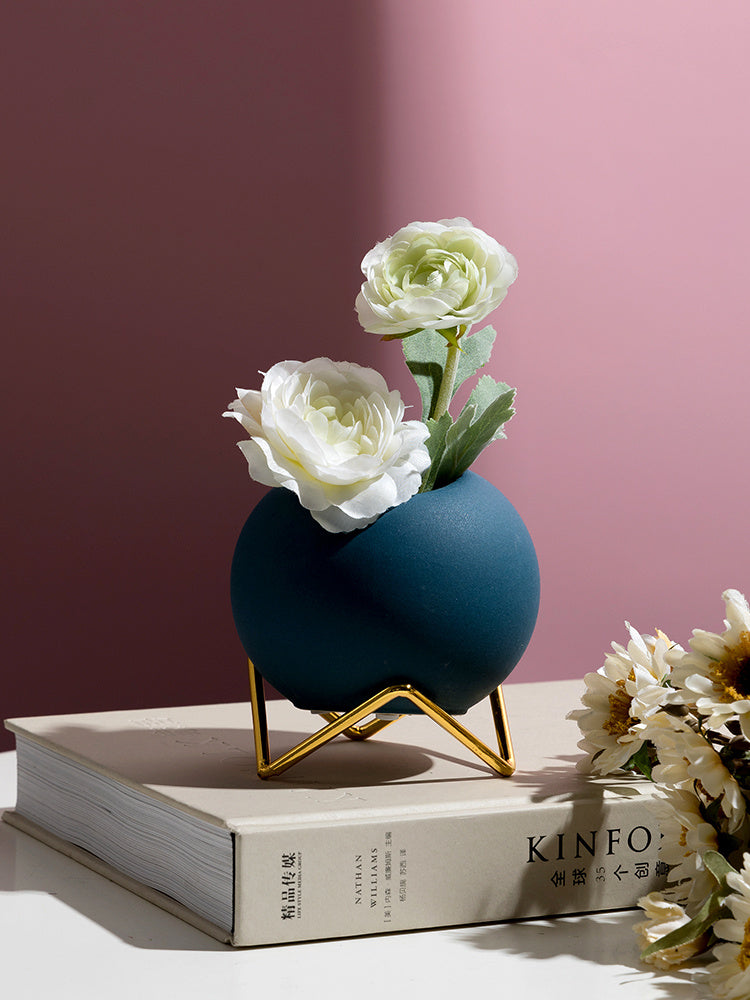 Round Ceramic Plant Pot with Gold Metal Holder β Modern Indoor Planter Stand