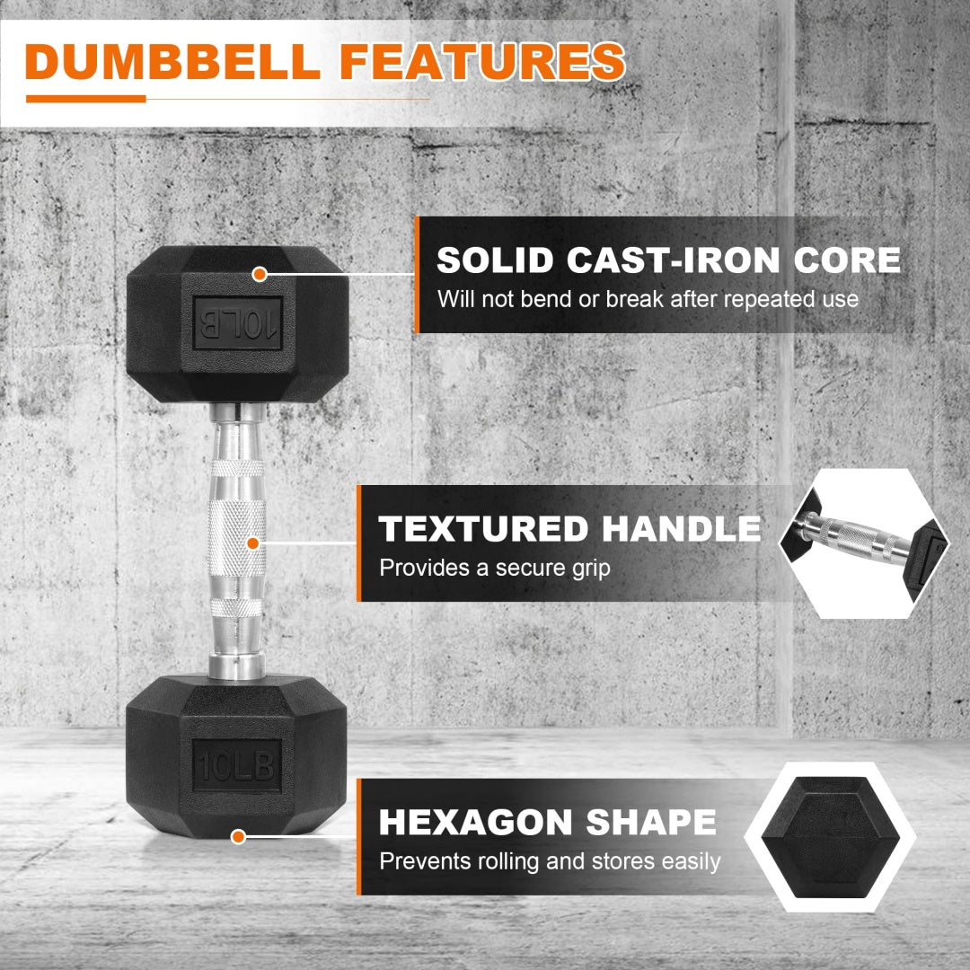 Hexagonal Rubber-Coated Dumbbells – Exercise & Fitness Weights