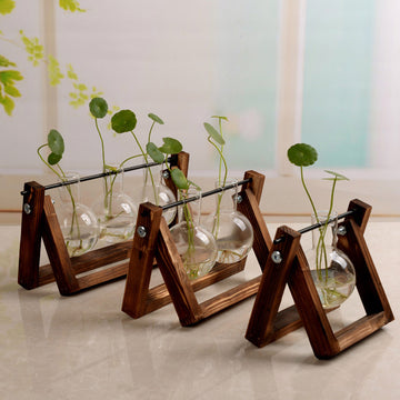 Swing Wooden Stand Hydroponic Glass Vase – Desktop Plant Propagation Station for Home & Office Decor