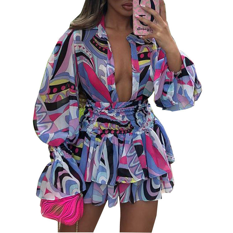 V-Neck Printed Short Dress for Women – Elegant & Flowy Casual Chic Style