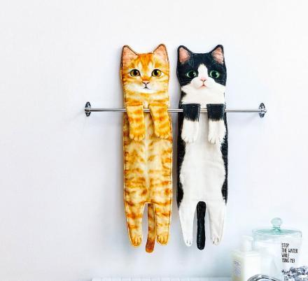 Cat-Shaped Hand Towels – Long Hanging Kitty Handkerchiefs for Bathroom & Kitchen Use