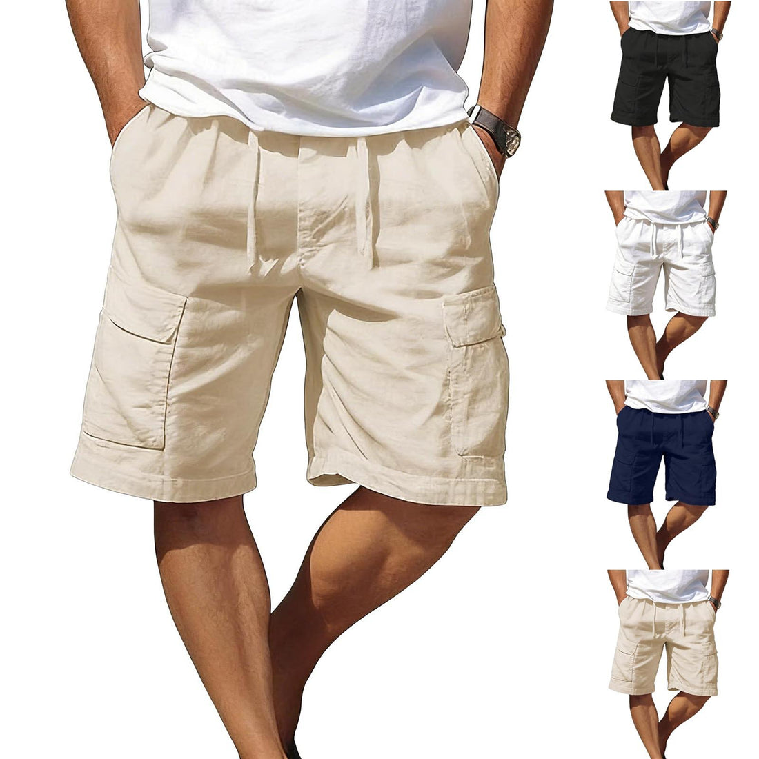 Mens Lightweight Breathable Cotton-Linen Loose-Fit Workwear Multi-Pocket Casual Shorts