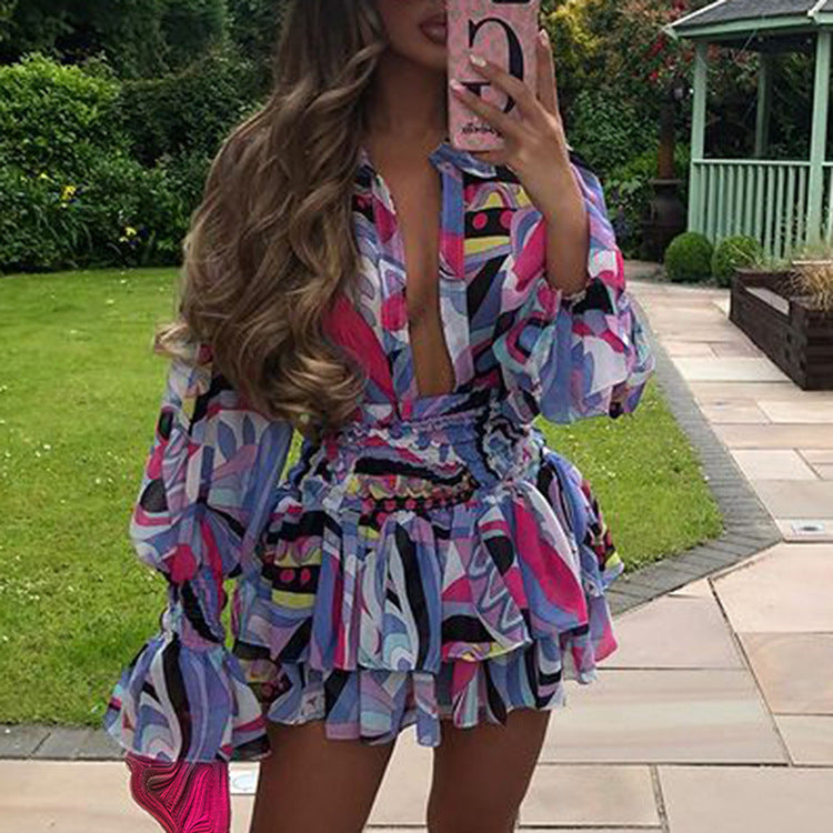 V-Neck Printed Short Dress for Women – Elegant & Flowy Casual Chic Style