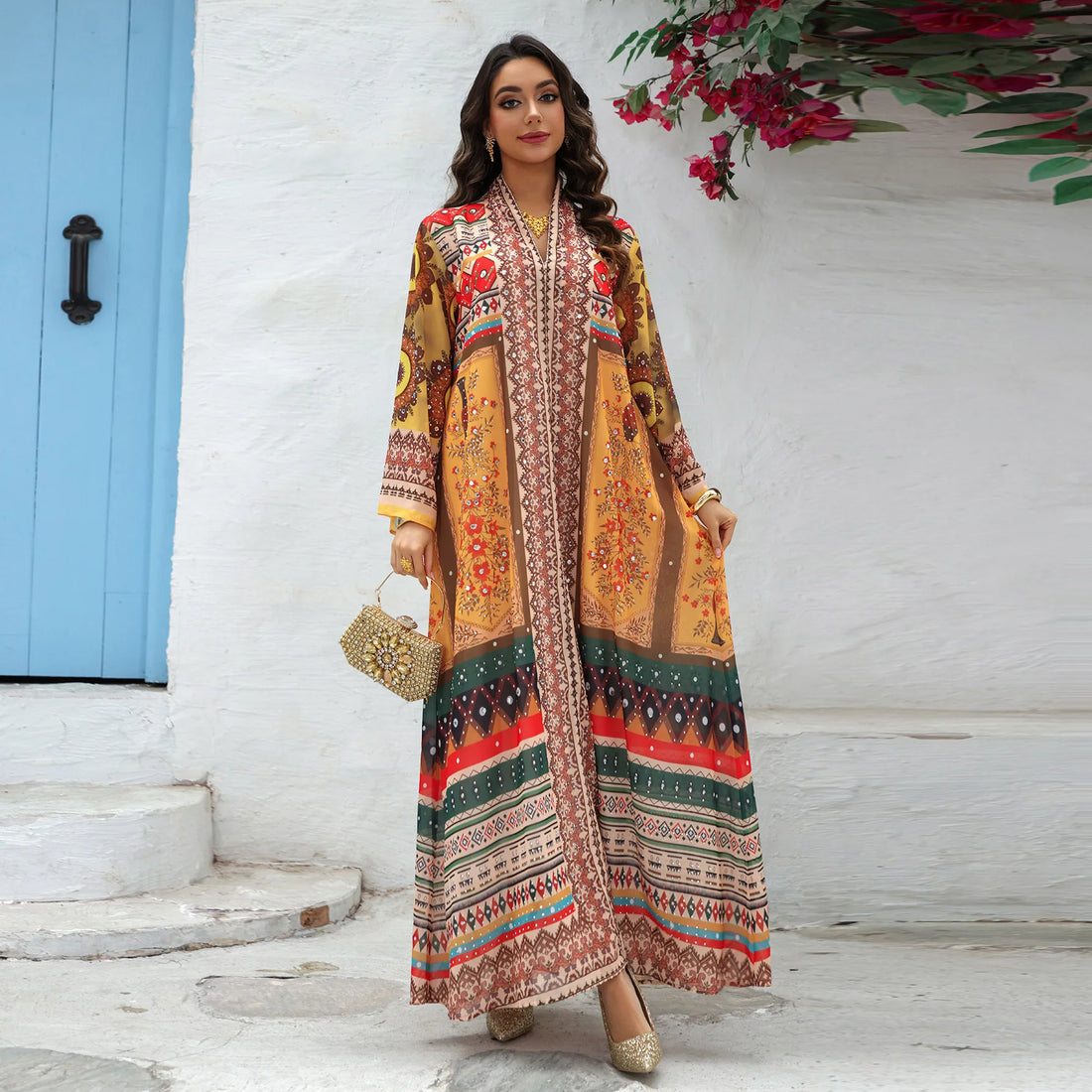 Hafizah 2026 Dubai Luxury Ethnic Print Muslim Long Dress V Neck Bell Sleeve With Rhinestone Modest Abaya