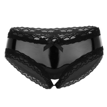 Womens Open Crotch Latex Lingerie Wetlook Patent Leather Lace Briefs Erotic Lingerie Ladies Sexy Underwear Underpants Nightwear