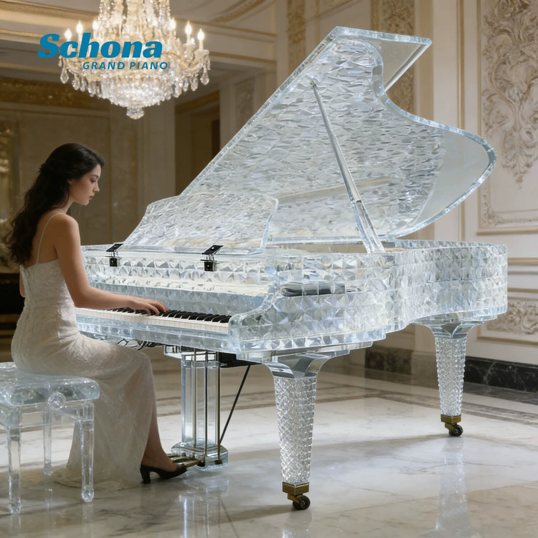 Luxury Hotel Furniture Clear Acrylic Concert Grand Piano with LED Lights Mechanical Style Crystal Piano