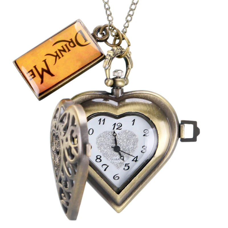 Vintage Heart-Shape Necklace for Women Lover Girlfriend Quartz Pocket Watches Fashion Beautiful Girl Pendant Tag Drink Me Chain