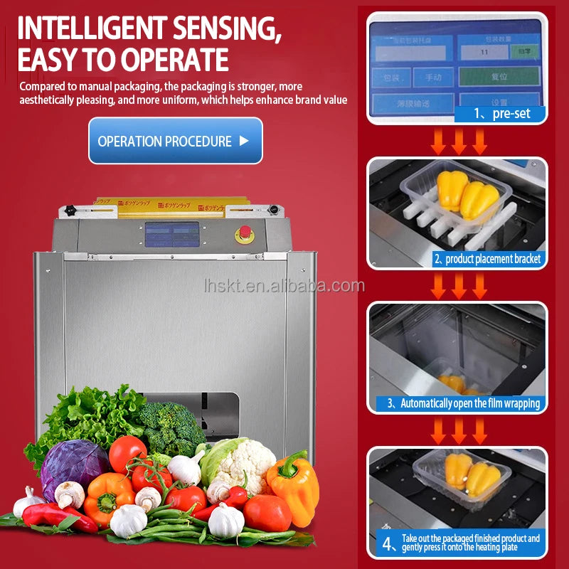 High Efficiency Automatic Fresh Produce Cling Film Compact 304 Stainless Steel for Retail Supermarket Packaging Machine