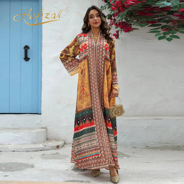 Hafizah 2026 Dubai Luxury Ethnic Print Muslim Long Dress V Neck Bell Sleeve With Rhinestone Modest Abaya