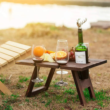 Outdoor Portable Picnic Camping Wooden Table Foldable Camping Desk with Glass Rack Fruit Wine Desk Travel Foldable Fruit Table