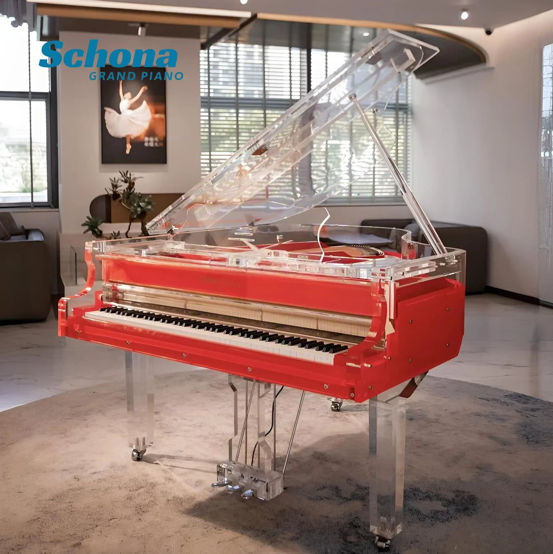 Red Crystal Acrylic  Mechanical Grand Piano, Modern Luxury Musical Instrument Keyboard for Home Hotel Concert Hotel Furniture