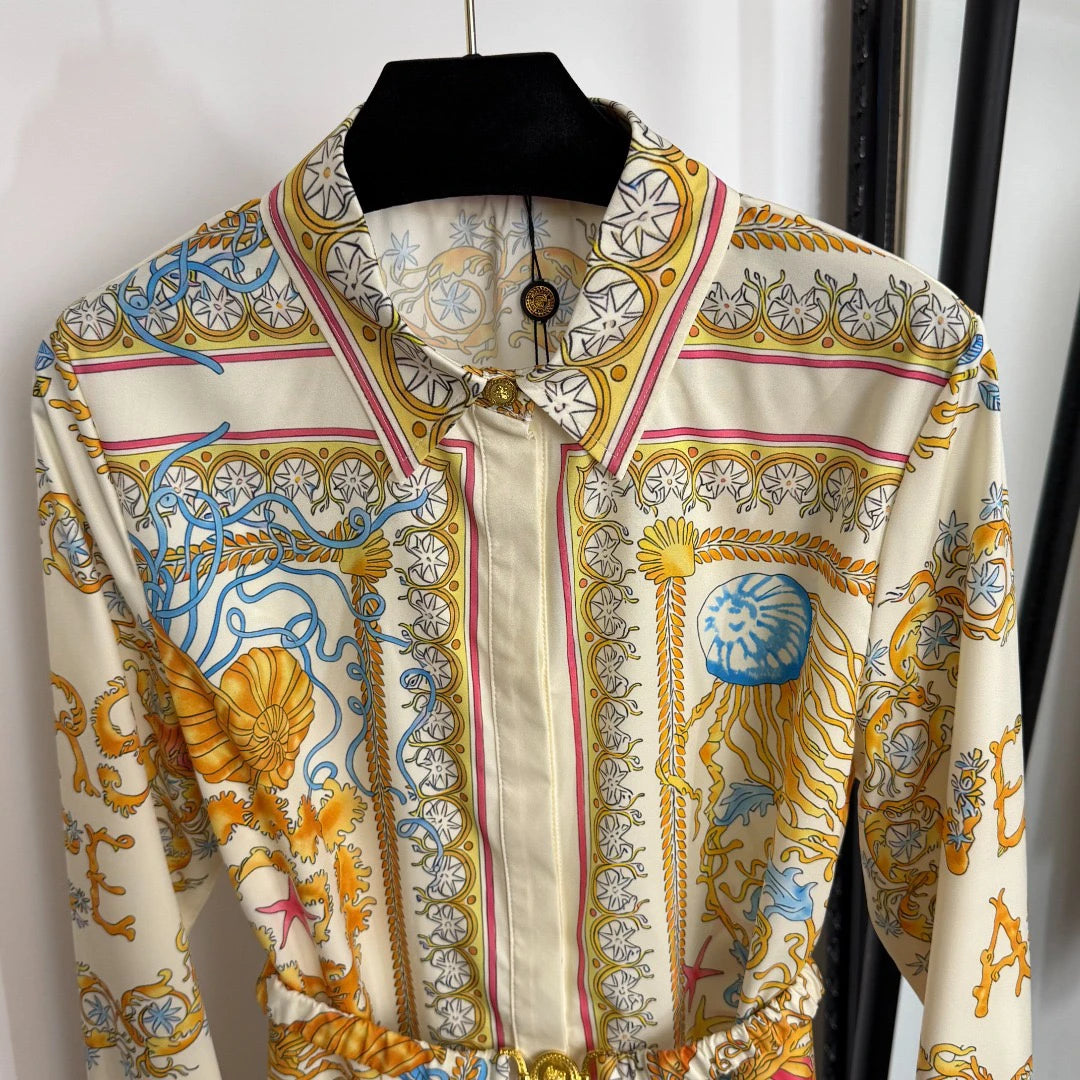 Women's New Vintage Pattern Seafood Print Waist-Cinched Long Sleeve Shirt Dress with Free Belt