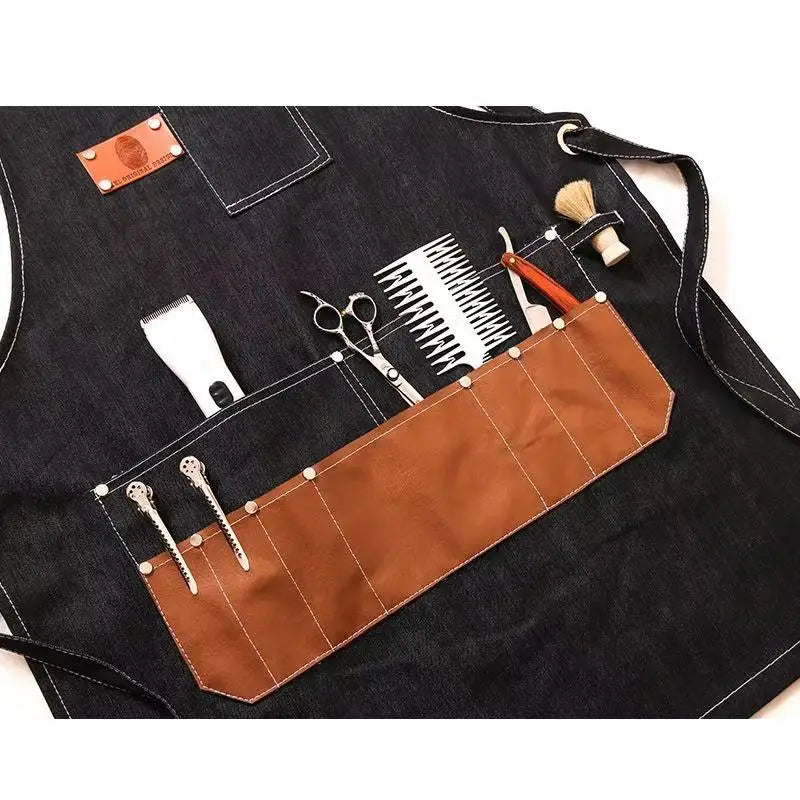Heavy Duty Coffee Shop Barista Chef Restaurant Men Leather Garden BBQ Grilling Denim Barber Canvas Work Aprons with Tool Pockets