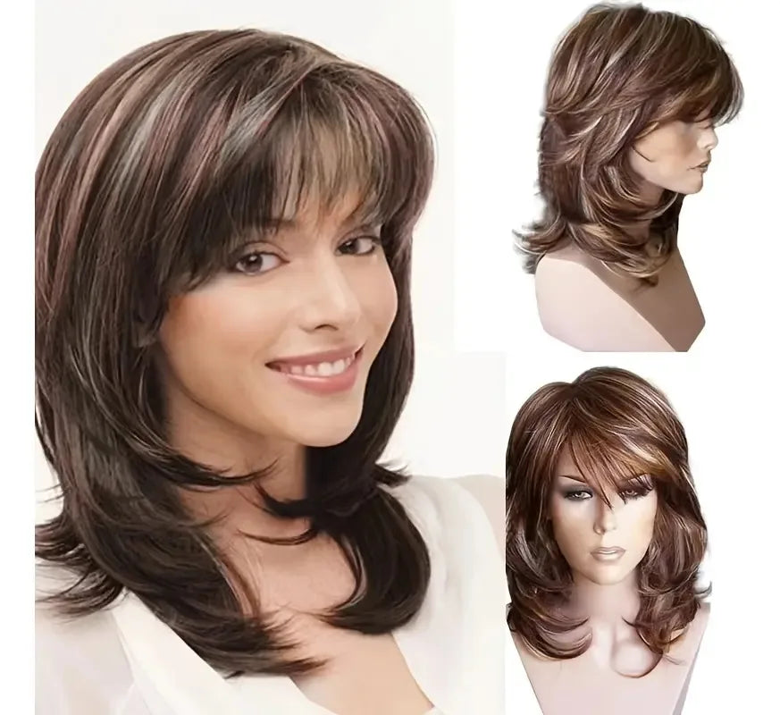 Women's -Looking Brown & Blonde ombre/gradient Full Synthetic Wig with Loose Wave Texture for Daily Use, Cap with Net Backing