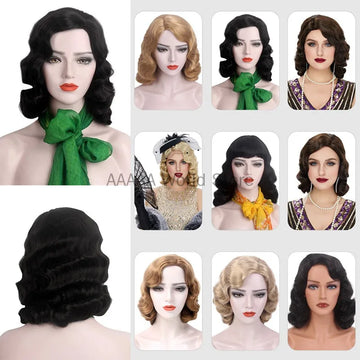 Womens Vintage Short Curly Wig 1920s Gatsby Accessories Hair Body Wave Gold Blonde Black Brown Halloween Party Cosplay Costume