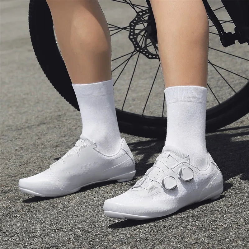TopFight All White Unisex Summer Breathable Mesh Cycling Shoes Size 37-47 Locked Bike Sneakers Speed Flat Sports Racing Shoes