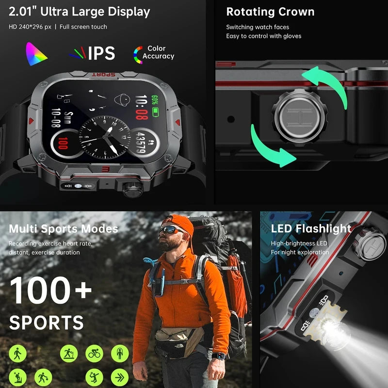 New Sport Smartwatches Flashlight Ultra Large Screen Voice Assistant Music Control Smart Watch Custom Dial Wrist Watches For Men