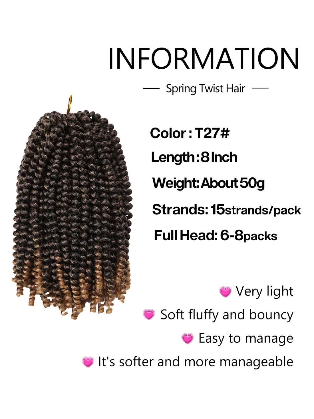 Synthetic Braiding Hair Extensions for Black Women, Spring Twist Hair, Crochet Braids, Ombre Curly Passion, Dreadlocks, 8"