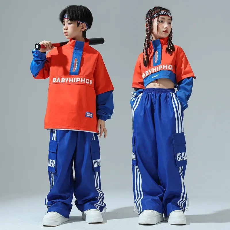 Kids Kpop Hip Hop Clothing Orange Crop Top Streetwear Cargo Jogger Blue Pants for Girls Boys Jazz Dance Costume Clothes