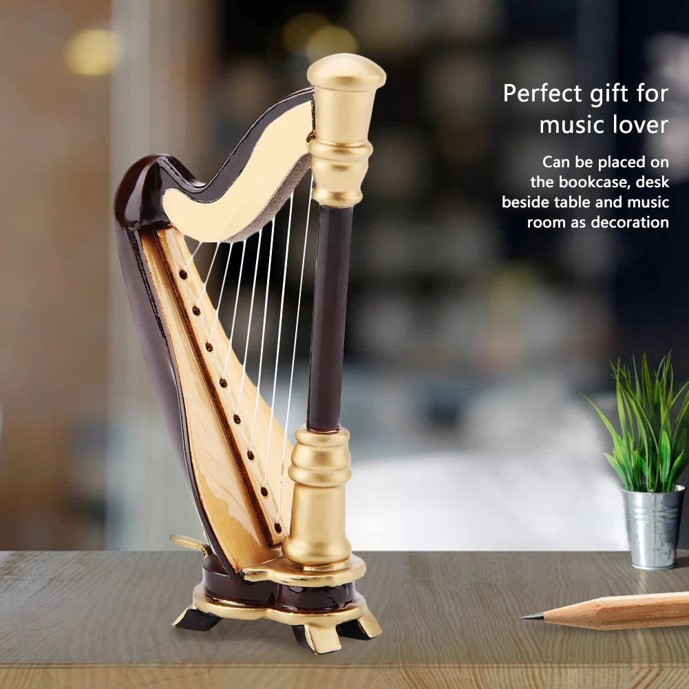 3.5in Wooden Miniature Harp Replica with Gift Case Instrument Model Musical Gifts Ornaments Miniature Harp Miniature Instruments