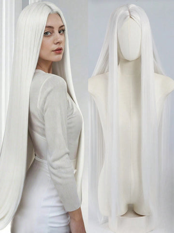 Women's center-parted natural straight white wig suitable for everyday wear and Easter or Halloween costumes Synthetic fiber wig