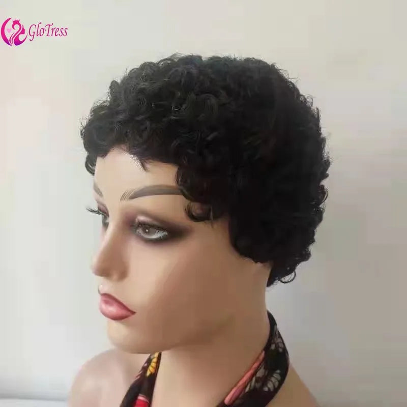 Short Curly Human Hair Wigs for Women Full Machine Made Pixie Cut Brazilian Virgin Hair Wig for Daily Use 27/Natural Color
