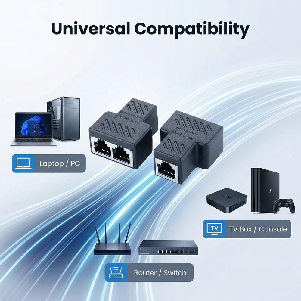RJ45 1-to-2 Ethernet Splitter Adapter — 1000Mbps, Cat5e/Cat6, LAN Connector & Cable Extender