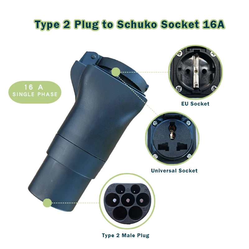 Type 2 Male Schuko 16A Adapter Mennekes Type 2 EV Charger to European Domestic Socket for Electric Scooters E-Bikes