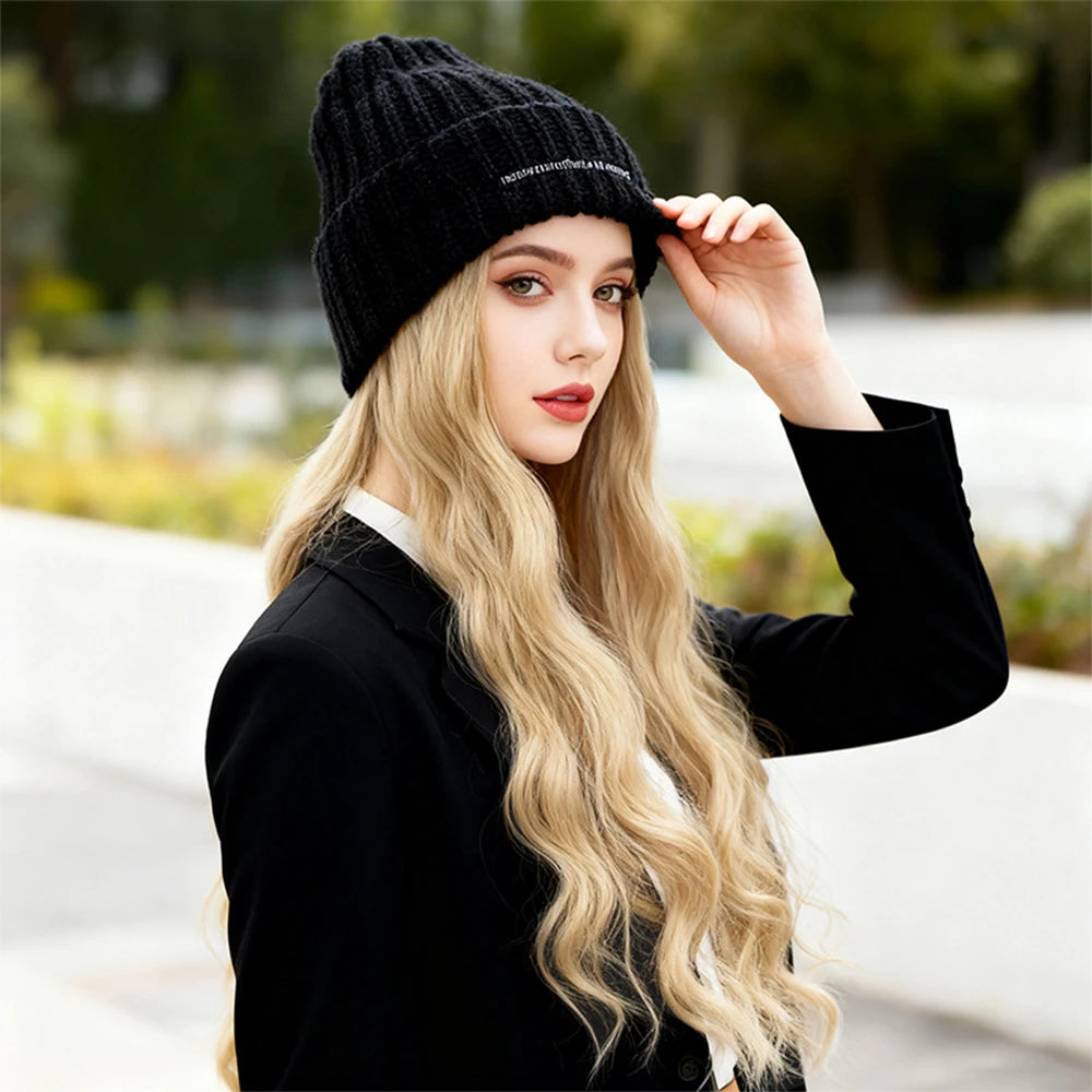 Hat Wig Hair Extensions Knit Beanie with Attached Long Wavy Hair Synthetic Extensions Hairpiece for Women Winter Use