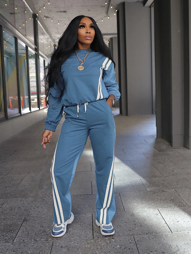 Sweatsuits for Woman 2025 Fall Sports Fashion Color Block Stripe Full Sleeve Sweatshirt and Drawstring Long Pants 2 Piece Sets