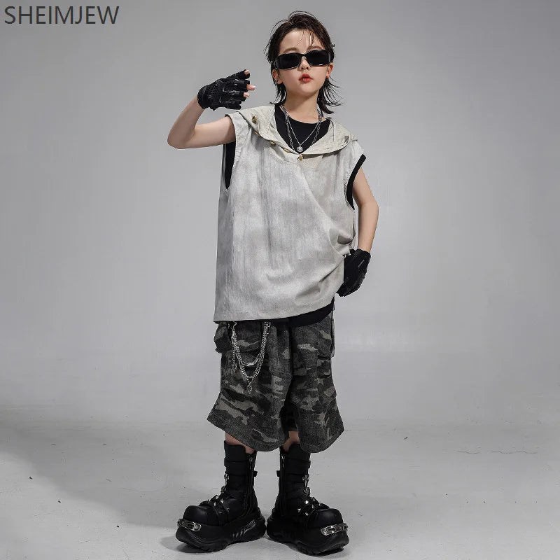 Children's Korean Hip-hop Costume Gray Hooded Kpop Vest Camouflage Workwear Shorts Cosplay Jazz Dance Competition Sleeveless Set