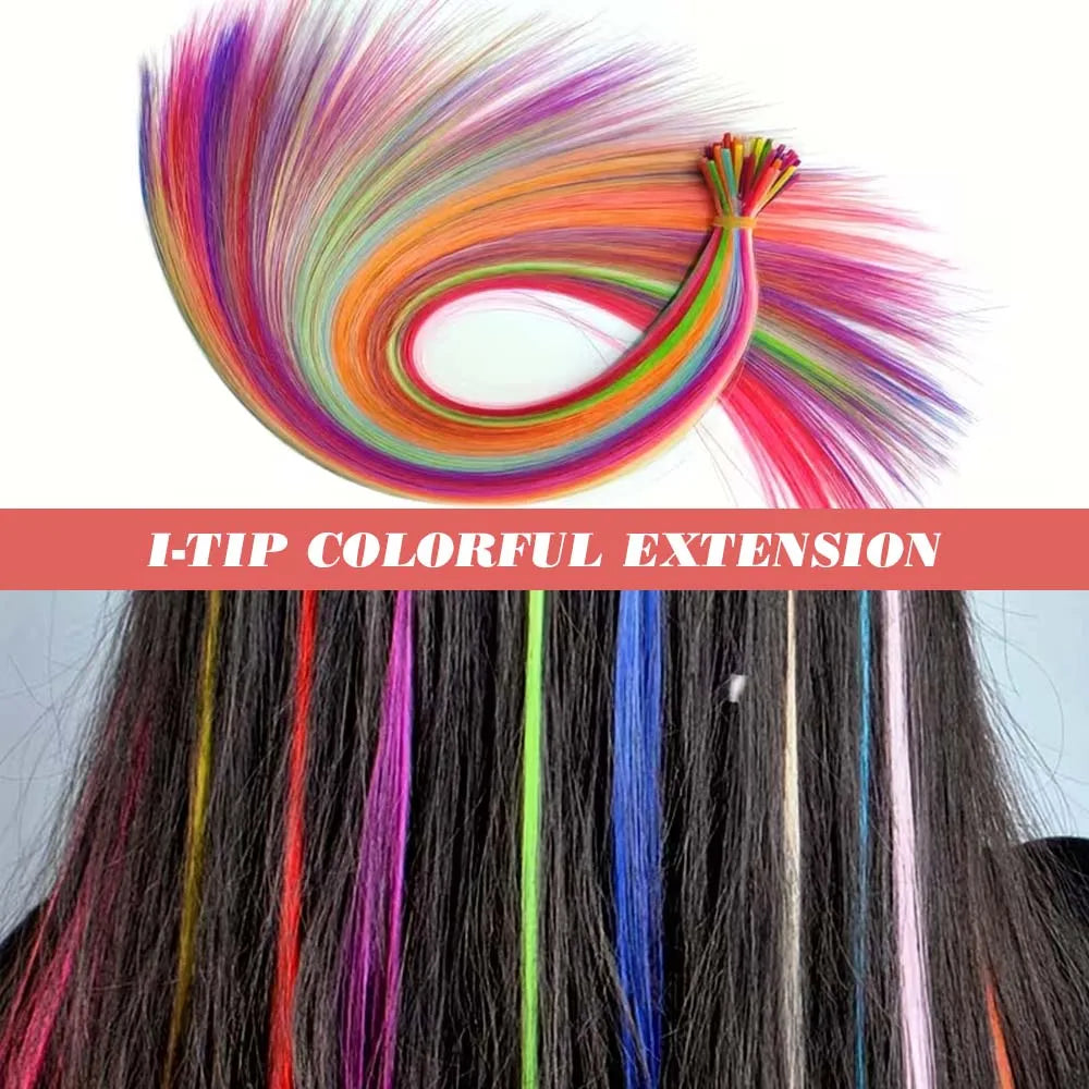 30pcs Colored Hair Extension 16-Inch I-Tip Synthetic Extensions. This long-style kit for women includes beads and a crochet tool
