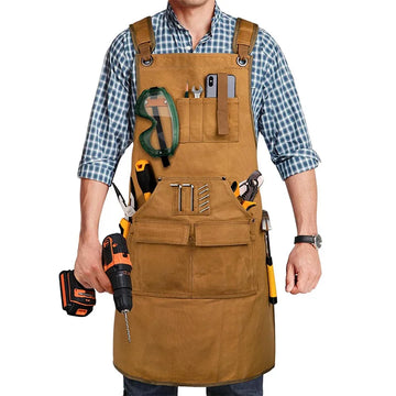 Woodworking Aprons with Adjustable Cross Back Straps Heavy Duty Waxed Canvas Apron Premium Work Apparel for Workshop Mechanics