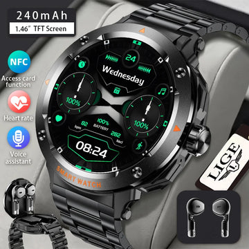 2025 Smart Watch with TWS 2 In 1 Headset Wireless Bluetooth Call Heart Rate Health Music Headphone Watches Sports NFC Smartwatch
