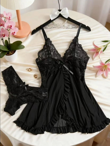 Women's Sexy Lace Lingerie Set See-Through Nightdress & Panty Sleepwear Comfortable Underwear