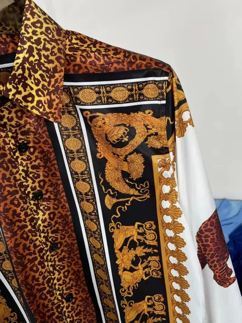 Long Sleeve Hawaiian Shirt Royal Golden 3D Print Shirt Men/Women Fashion Casual Leopard Luxury Shirts European American Style