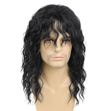 70s 80s Rocker Wigs for Women/Men Long Curly Synthetic Wig Natural Color Halloween Costume Anime Wig with Bangs