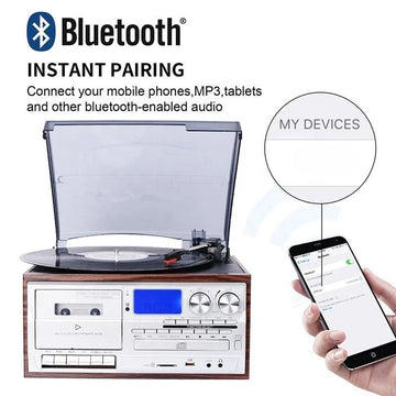 Vintage Style Turntable, 3-Way Music Player (BT/CD/Tape) - Compact Retro Sound System for Home