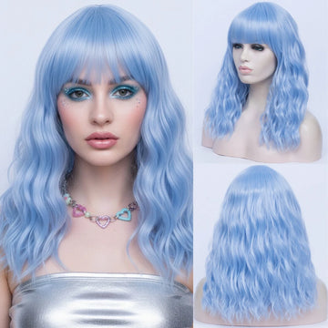 Women Synthetic Hair Wig Blue Long Curly Wig With Bangs Heat Resistant Wig For Daily Party Cosplay Halloween Christmas
