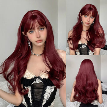 Wine Burgundy Red Long Curly Synthetic Wig with Bangs for Women Daily Party Cosplay Lolita Dark Red Colored Wig Heat Reisitant