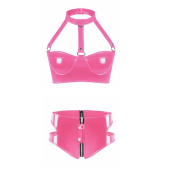 Womens Lingerie Intimates Underwear Set Rave Wet Look Patent Leather Wire-free No Padded Belly Bra Top with Zipper Panty Briefs