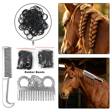 Horse Mane & Tail Grooming Kit with Rubber Band, Tangle-Free Detangling Brush for Horses, Gentle Hair Care