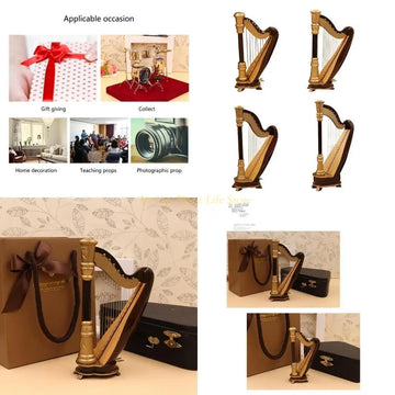 77UF Wooden Miniature Harp Model with Black Gift Case Musical Instrument Model Musical Gifts Ornaments Decorations