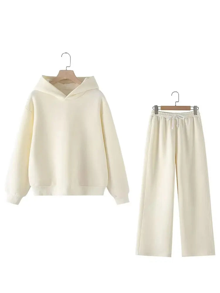 HH Women Solid Casual Sweatshirt Pant Suit Long Sleeve Hooded Fleece Pullover Coat Loose Straight Trousers Office Lady Sets