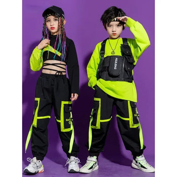 Kid Kpop Hip Hop Clothing Sweatshirt Crop Top Streetwear Tactical Cargo Jogger Pants for Girls Boys Jazz Dance Costume Clothes