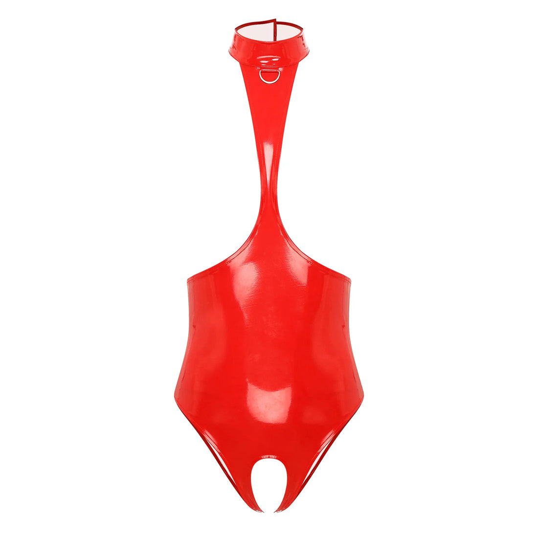 Womens Lingerie Wet Look Patent Leather Leotard One-piece Open Chest Halter Bodysuit Sexy Sleeveless Backless Crotchless Catsuit