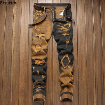 New Retro Jeans Men's Ripped Straight Leg Pants Ripped Jeans Fashionable Casual Pants Trousers Pants Male Street Wear Clothing